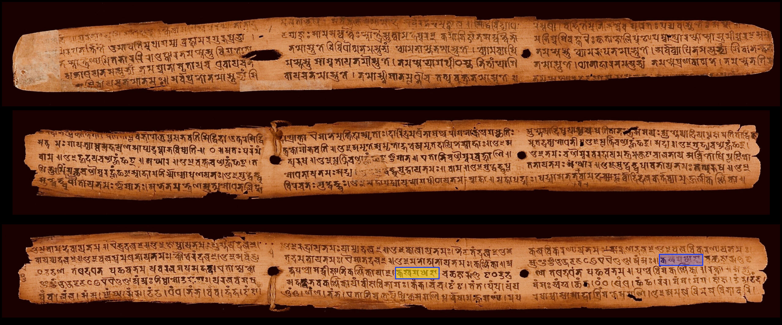 Alte Handschrift auf schmalen Palmblättern mit eng gesetzten Zeilen indischer Schrift