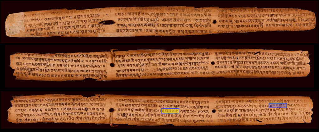 Alte Handschrift auf Palmbl&auml;ttern mit eng geschriebenen Zeilen in indischer Schrift