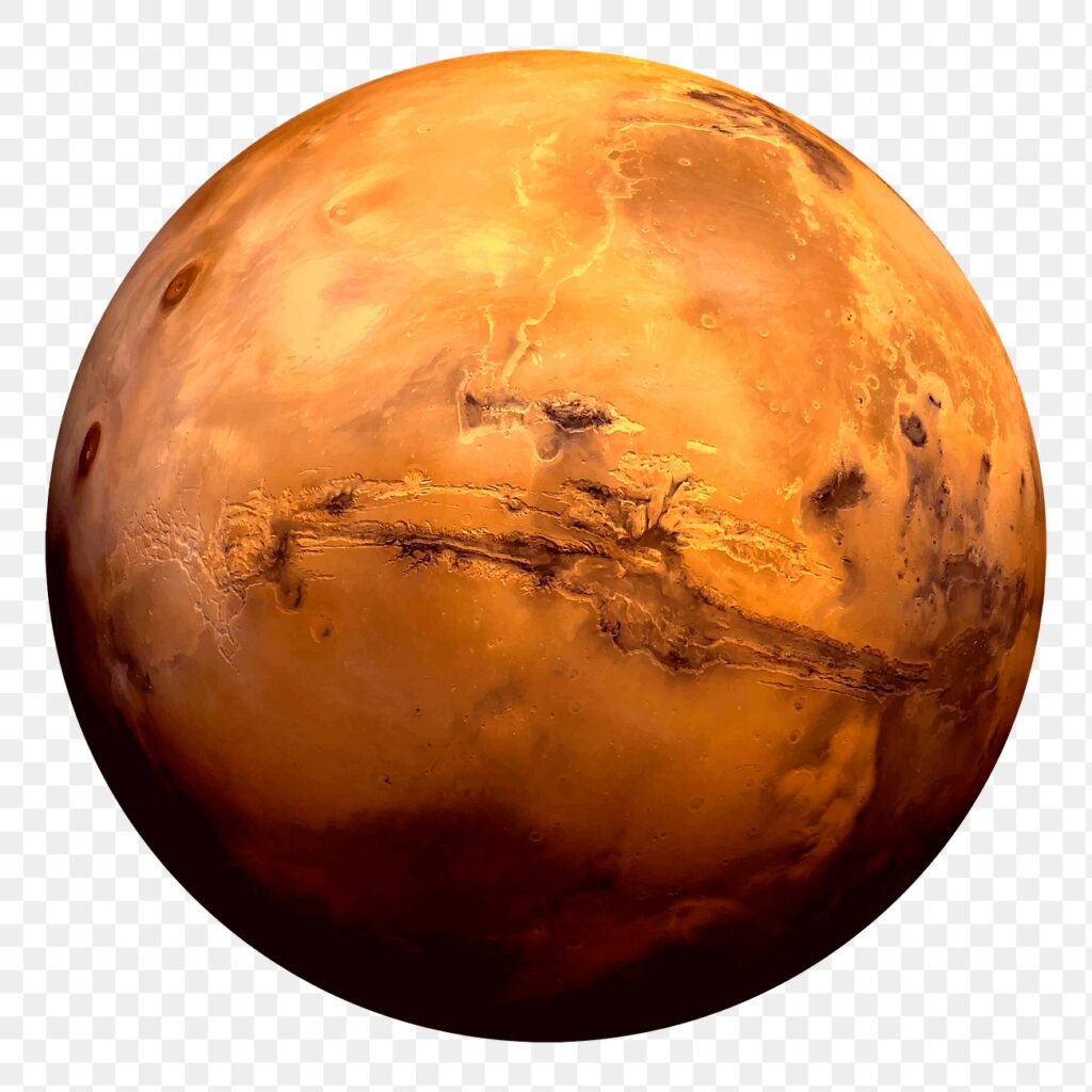 R&ouml;tlich schimmernde Darstellung des Planeten Mars vor dunklem Hintergrund