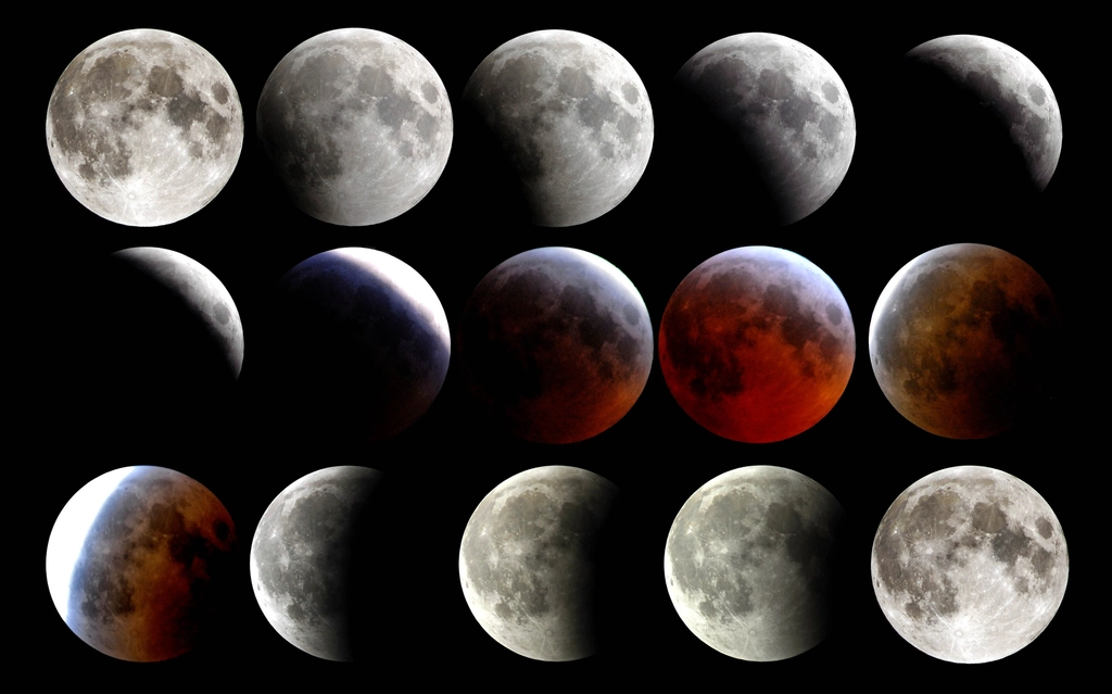 Abfolge mehrerer Mondphasen von der schmalen Sichel bis zum vollen Mond